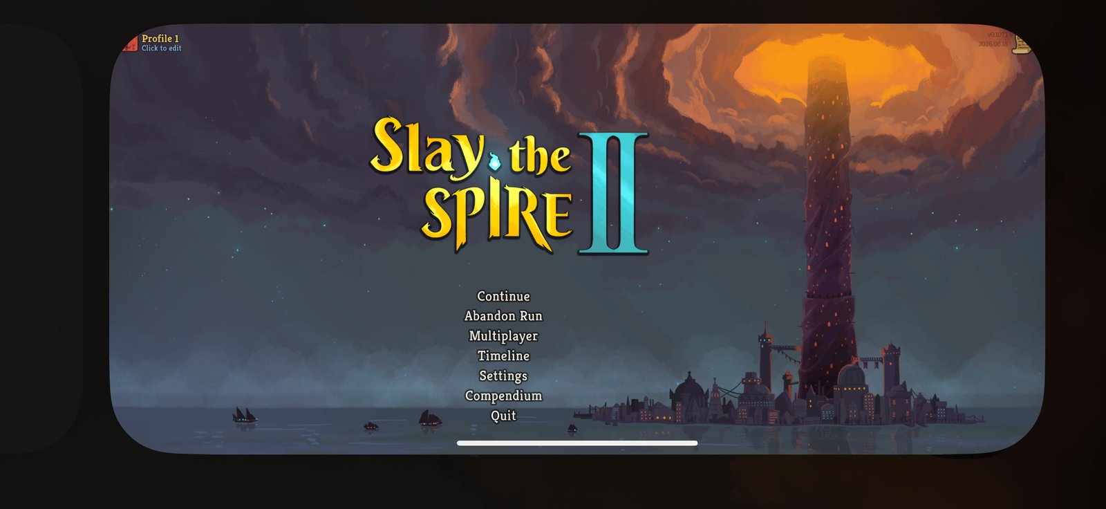 Slay the Spire 2's main menu running on an iPhone, version v0.107.1 in the corner