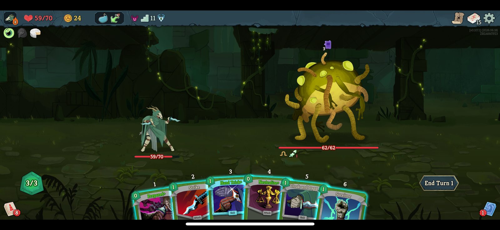 A Silent fight on an iPhone: Prepared+, Strike, Hand Trick+, Neutralize+, Cloak and Dagger and Survivor in hand, against a tentacled yellow enemy